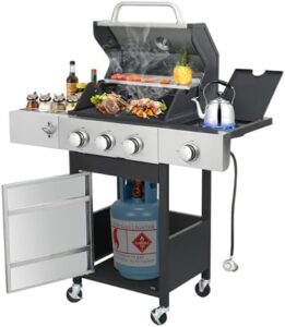 Here is the generated meta description:

"Sear and sizzle with our 3-Burner Propane Gas Grill featuring a side burner and porcelain-enamelled cast iron grates, ideal for outdoor camping, backyard barbecues, and patio gatherings"