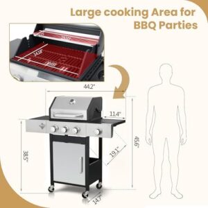 Here is the generated meta description:

"Sear and sizzle with our 3-Burner Propane Gas Grill featuring a side burner and porcelain-enamelled cast iron grates, ideal for outdoor camping, backyard barbecues, and patio gatherings"