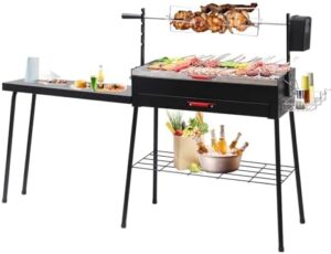 Get sizzling results with our Portable Charcoal Grills featuring automatic rotisserie and detachable legs. Perfect for BBQs, this grill also includes a side table.
