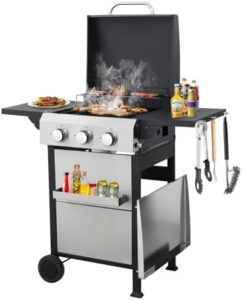 Cook up a backyard feast with the HANZIM 3 Burner Outdoor Griddle Grill Combo, featuring 36900 BTU propane power and dual cooking surfaces for grilling and pan-frying.