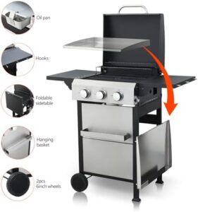 Cook up a backyard feast with the HANZIM 3 Burner Outdoor Griddle Grill Combo, featuring 36900 BTU propane power and dual cooking surfaces for grilling and pan-frying.