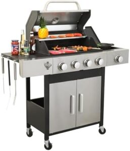 Savor the outdoors with our Maine 4-Burner Propane Gas BBQ Grill featuring a side burner and 46790BTU output for perfect outdoor barbecue. Includes enameled cast iron cooking grids, stainless steel construction.