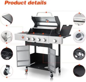 Savor the outdoors with our Maine 4-Burner Propane Gas BBQ Grill featuring a side burner and 46790BTU output for perfect outdoor barbecue. Includes enameled cast iron cooking grids, stainless steel construction.