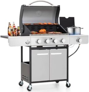 Deliver a sizzling outdoor cooking experience with the Green Party 4 Burner BBQ Propane Gas Grill featuring a side burner and porcelain-enamel cast iron grates, perfect for backyard or patio gatherings.