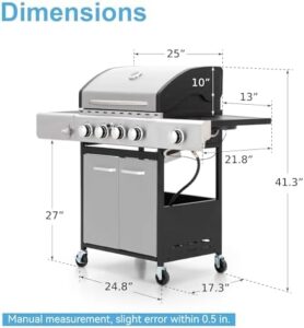 Deliver a sizzling outdoor cooking experience with the Green Party 4 Burner BBQ Propane Gas Grill featuring a side burner and porcelain-enamel cast iron grates, perfect for backyard or patio gatherings.