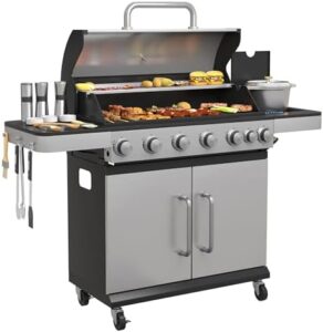 "Upgrade your backyard BBQs with the VICLLAX Propane Gas Grill, featuring 6 stainless steel burners and 65,000 BTU for large cooking areas. Includes side burner and storage cabinet."