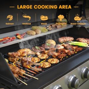"Upgrade your backyard BBQs with the VICLLAX Propane Gas Grill, featuring 6 stainless steel burners and 65,000 BTU for large cooking areas. Includes side burner and storage cabinet."