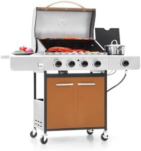 Savor backyard gatherings with Captiva Designs' 4-Burner Propane Gas BBQ Grill, featuring a side burner & durable porcelain-enameled cast iron grates. Perfect for outdoor cooking and patio parties!