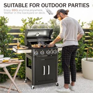 Enhance your outdoor cooking experience with the Sophia & William 4-Burner Gas BBQ Grill featuring side burner and porcelain-enamel cast iron grates. Perfect for cabinet-style garden barbecues, this grill boasts 46,700BTU and a black finish.