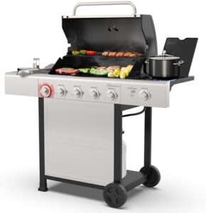 "Savor the flavors with Kenmore's BBQ Propane Gas Grill, featuring 5 burners, side burner & searing zone, perfect for outdoor cooking and backyard gatherings. 66,000 BTU, stainless steel grill, ideal for patio use."