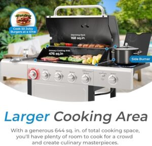 "Savor the flavors with Kenmore's BBQ Propane Gas Grill, featuring 5 burners, side burner & searing zone, perfect for outdoor cooking and backyard gatherings. 66,000 BTU, stainless steel grill, ideal for patio use."