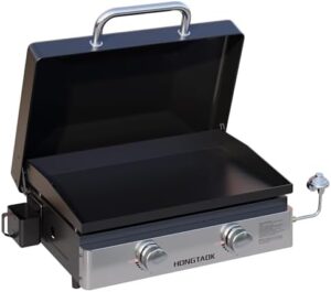 Here is the optimized SEO meta description:

"Portable propane gas grill with ceramic coated pan for easy cleaning. 23-inch compact design perfect for outdoor, camping, or tailgating events."
