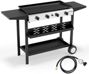 Here is the generated SEO meta description:

"Upgrade your outdoor cooking with Bonnlo's 4-burner propane griddle featuring nonstick tray, rolling flat top and electronic ignition. Perfect for camping trips or backyard gatherings."