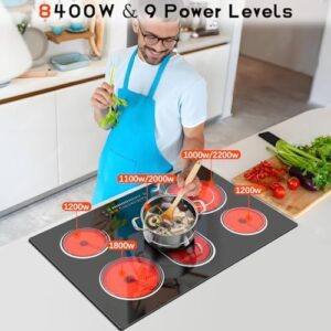 Unlock culinary possibilities with the Nefaracy 30" electric cooktop, featuring 5 burners, slider control, and dual oval zones. Perfect for home cooks, this 8400W ceramic cooktop offers timer, safety lock, and hot surface indicator.