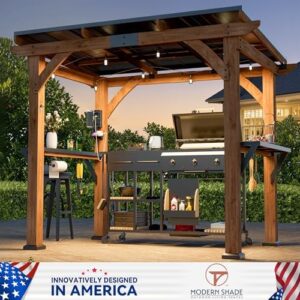 Elevate your outdoor living space with the Modern Shade Woodberry Grill Gazebo, featuring dual bar tops and shelves, a galvanized steel roof, and USB charging ports for patio or garden use. Perfect for relaxing with friends and family!