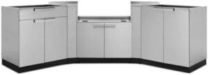 "Transform your outdoor cooking space with the NewAge Products 5-piece modular cabinet set. Includes 2-door, bar, grill, and corner cabinets for organized storage, perfect for stainless steel appliances."