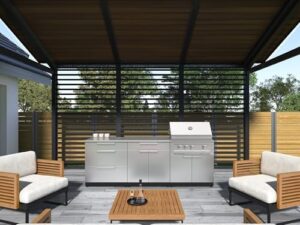 "Transform your outdoor cooking space with the NewAge Products 5-piece modular cabinet set. Includes 2-door, bar, grill, and corner cabinets for organized storage, perfect for stainless steel appliances."