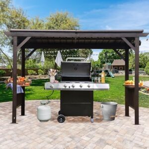 "Transform your outdoor gatherings with the Domi 6.5x12FT Hardtop Grill Gazebo, featuring a sturdy galvanized steel roof and spacious shelves for BBQ essentials."