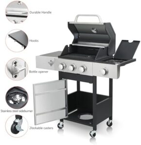 Discover the KUIKUI BBQ Grill Propane, a 3 burner gas grill with side burner and stainless steel construction. Perfect for outdoor cooking, includes side table and 37230BTU heat output.