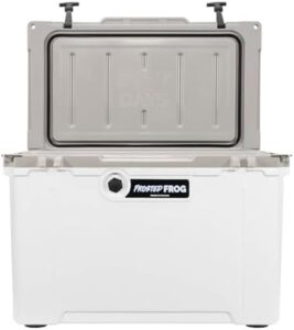 "Stay cool and organized with the Made in USA Frosted Frog Hyper-Light 54 Quart Hard Cooler, ideal for beach trips, camping, fishing, or boat excursions. Lightweight design, insulated to keep drinks cold, and perfect for outdoor adventures!"