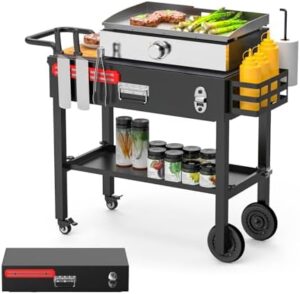 Here is the optimized SEO meta description:

"Elevate your outdoor cooking experience with LS'BABQ's Portable Outdoor Grill Table, featuring a folding stand for Blackstone 17"/22" griddles and camping BBQ prep cart with large space and wheels."