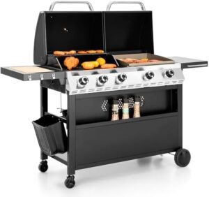 Here's the optimized SEO meta description:

"Sophia & William Propane Gas Grill and Griddle Combo with porcelain-enameled cast iron grates, perfect for outdoor barbecues. 696 SQ.IN. cooking area for large gatherings."