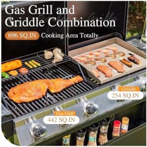Here's the optimized SEO meta description:

"Sophia & William Propane Gas Grill and Griddle Combo with porcelain-enameled cast iron grates, perfect for outdoor barbecues. 696 SQ.IN. cooking area for large gatherings."