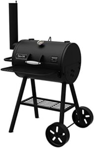 Savory outdoor cooking with the Signature Series DGSS443CB-D Heavy-Duty Compact Barrel Charcoal Grill, featuring a black powder coat and compact design for effortless grilling. Perfect for small gatherings or camping trips, enjoy delicious meals on-the-go!