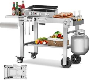 Here is the output:

"Upgrade your outdoor cooking with this portable folding grill and prep table featuring stainless steel construction, wheels, and a compact design perfect for camping, tailgating, or backyard BBQs. Save big on your next purchase!"