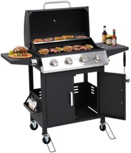 Cook up outdoor adventures with this 4-burner propane gas grill featuring foldable shelves, top cover lid, wheels, iron grates & warming racks. Perfect for patio, camping & cooking!