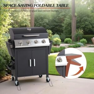 Cook up outdoor adventures with this 4-burner propane gas grill featuring foldable shelves, top cover lid, wheels, iron grates & warming racks. Perfect for patio, camping & cooking!