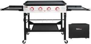 "Master outdoor cooking with the Royal Gourmet GB4000FC 36-inch gas griddle, featuring 4 burners and a top cover lid. Perfect for camping trips or backyard gatherings, this propane-fueled grill offers folding side shelves and legs for added convenience."