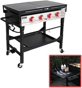 "Master outdoor cooking with the Royal Gourmet GB4000FC 36-inch gas griddle, featuring 4 burners and a top cover lid. Perfect for camping trips or backyard gatherings, this propane-fueled grill offers folding side shelves and legs for added convenience."