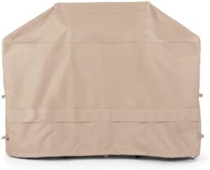 Protect your outdoor grill with the Weather Resistant Covermates Grill Cover, made of heavy-duty 600D polyester and ripstop tan material. Perfect for large outdoor kitchens.
