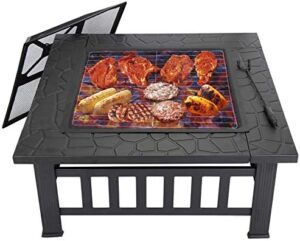 Envision a cozy gathering with friends and family around this 32" Outdoor Fire Pit Table with Grill, featuring a wood burning fireplace bowl, spark screen, poker, and rainproof cover. Perfect for picnics, camping, or backyard BBQs!