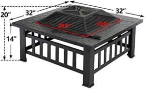Envision a cozy gathering with friends and family around this 32" Outdoor Fire Pit Table with Grill, featuring a wood burning fireplace bowl, spark screen, poker, and rainproof cover. Perfect for picnics, camping, or backyard BBQs!