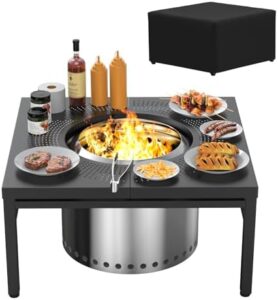 Here is the generated meta description:

"Enhance your outdoor gatherings with Keesha's durable fire pit surround table, perfect for Solo Stove Bonfire, Ranger and more. 38 Inch powder-coated square design with dust cover included."