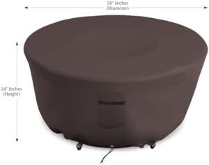 Here is the meta description:

"Protect your outdoor fire pit with this heavy-duty waterproof cover featuring air vents and drawstrings. Perfect for patio, lawn, or backyard use, dimensions 58"Diameter x 24"H."