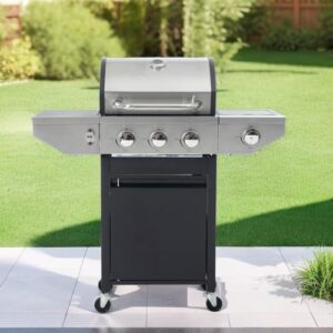 Master the art of outdoor cooking with this propane grill featuring a side burner, temperature gauge, and stainless steel construction. Three heads for simultaneous cooking, electronic ignition, and cast iron grids ensure durability. Perfect for camping or backyard gatherings!