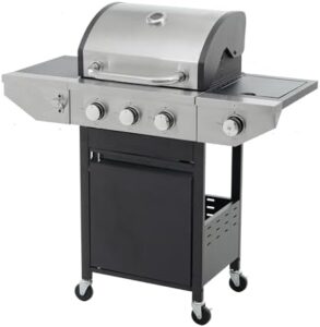 Master the art of outdoor cooking with this propane grill featuring a side burner, temperature gauge, and stainless steel construction. Three heads for simultaneous cooking, electronic ignition, and cast iron grids ensure durability. Perfect for camping or backyard gatherings!