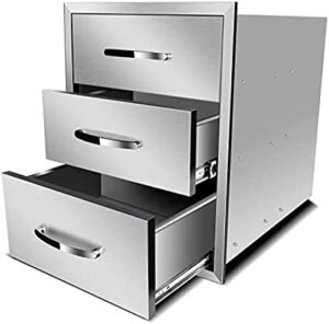 Optimize your outdoor kitchen with stainless steel and chrome handle BBQ island drawers offering 18"W x 23"D x 23"H storage, perfect for grill stations.