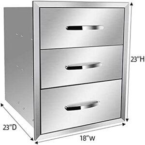 Optimize your outdoor kitchen with stainless steel and chrome handle BBQ island drawers offering 18"W x 23"D x 23"H storage, perfect for grill stations.