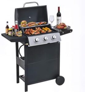 Discover the ultimate outdoor cooking experience with this 3-Burner Propane Gas BBQ Grill featuring a warming rack, stainless steel construction, and 25,650 BTUs output. Perfect for camping, backyard gatherings, and grilling enthusiasts.