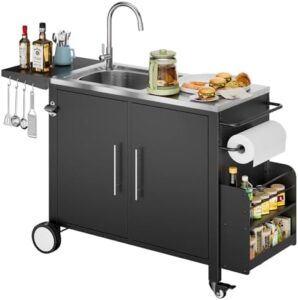Here is the meta description:

"Upgrade your outdoor kitchen with this ROOMTEC grill cart featuring a stainless steel sink, metal prep table, and storage cabinet. Perfect for patio or garden BBQs."