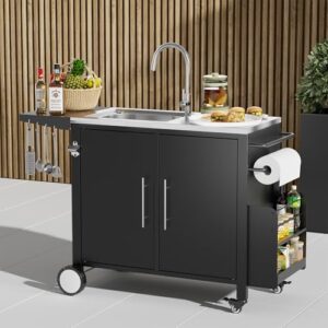 Here is the meta description:

"Upgrade your outdoor kitchen with this ROOMTEC grill cart featuring a stainless steel sink, metal prep table, and storage cabinet. Perfect for patio or garden BBQs."