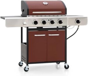 Enhance your outdoor cooking experience with the Sophia & William 4-Burner Propane Gas Grill, featuring a stainless steel body and porcelain-enamelled cast iron grates for durable use. Enjoy a side burner and up to 42,000 BTUs of heat. Perfect for patios!
