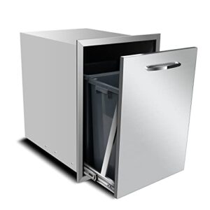 Here is the output:

"Elevate your outdoor kitchen with this stainless steel trash drawer featuring a pull-out tray and two spacious bins. Perfect for BBQ island grills, dimensions 20x27x24 inches."