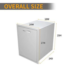 Here is the output:

"Elevate your outdoor kitchen with this stainless steel trash drawer featuring a pull-out tray and two spacious bins. Perfect for BBQ island grills, dimensions 20x27x24 inches."
