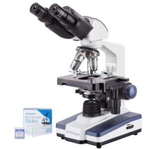 Explore precise lab observations with AmScope's LED Lab Binocular Compound Microscope, featuring a 40X-2500X zoom and 3D-stage for detailed analysis. Includes 50 blank slides and 100 coverslips for extensive use.