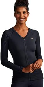 Here is the optimized SEO meta description:

"Correct your posture and stay comfortable with Tommie Copper's compression shirt featuring a front zipper, back and shoulder support for women. Upgrade your wardrobe and feel confident."
